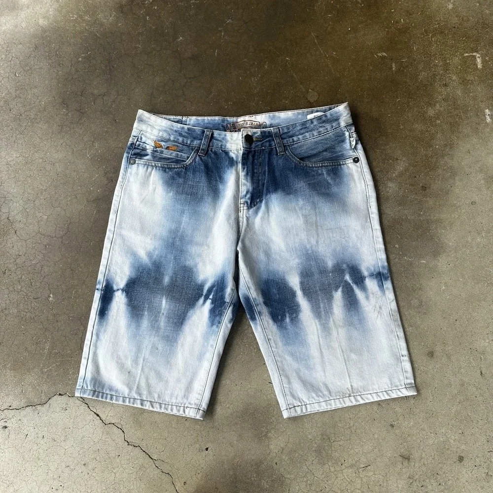 Robin's Jean Shorts Mens 34 Blue Denim Acid Wash Crystal Studded Flap Mortard